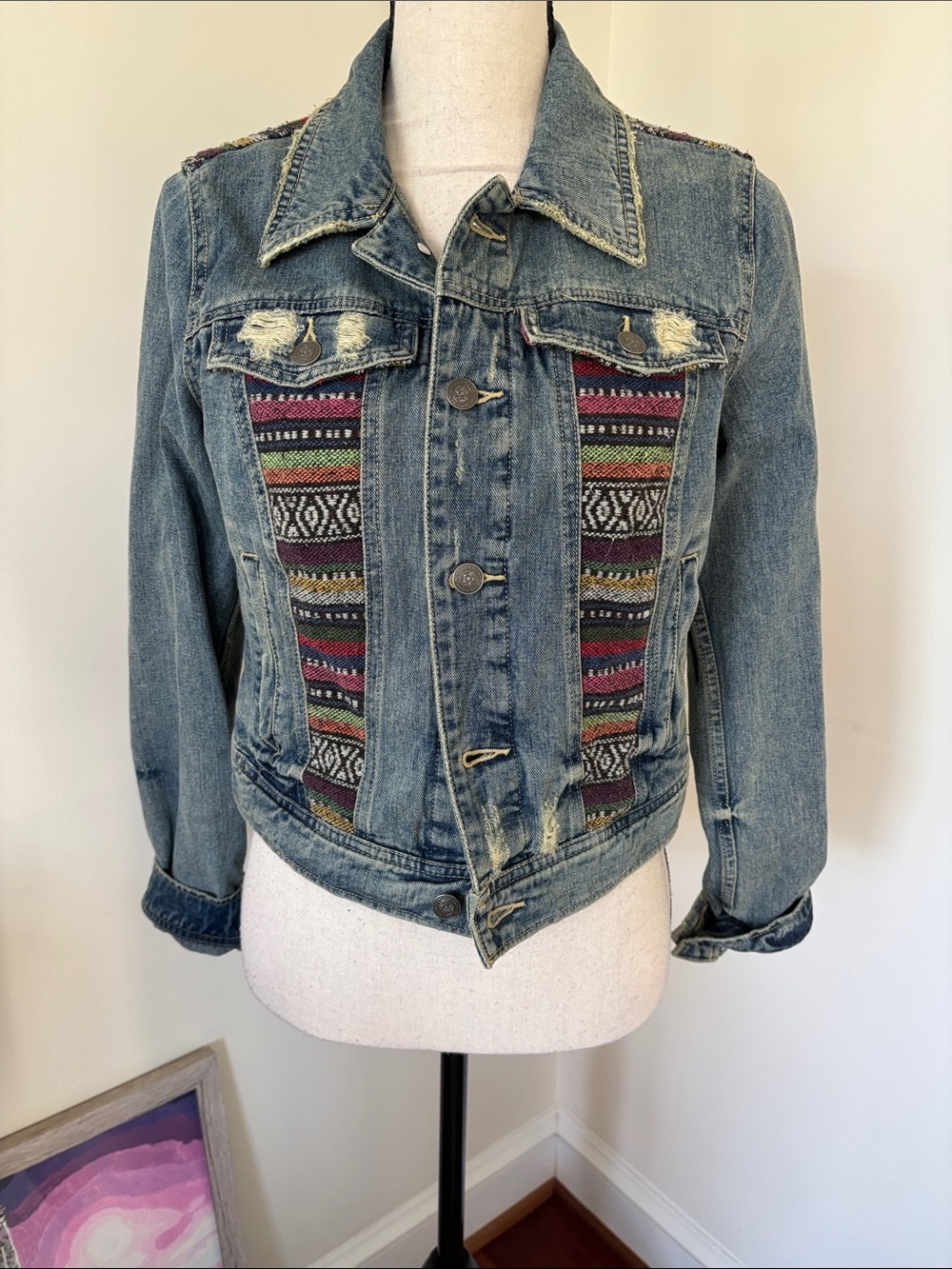 Free People Blue Denim Jacket with Multicolor Tribal Panels